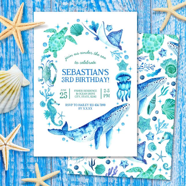 Invitación Bajo el mar, las criaturas de acuarela azul (Under the Sea Watercolor Sea Creatures Blue Invitation)