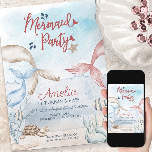 Invitación Bajo el mar Mermaid Fiesta acuarela Cumpleaños (Subido por el creador)