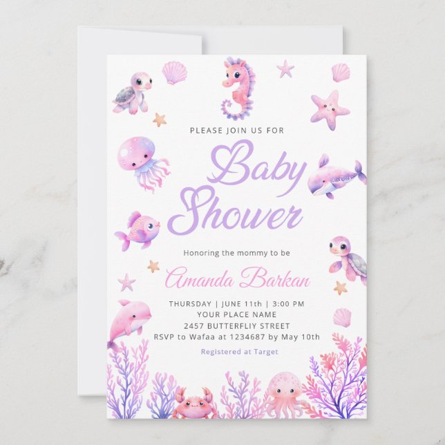 Invitación Bajo el mar morado lindo Baby Shower (Anverso)