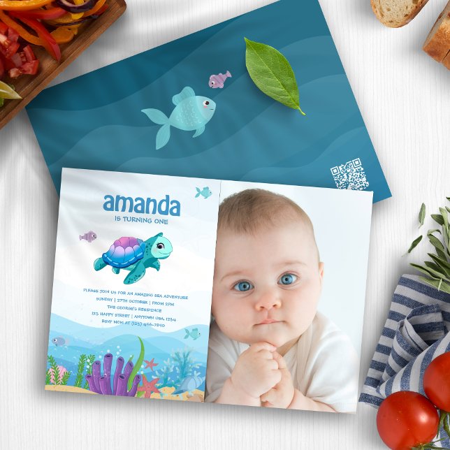Invitación Bajo el mar, niña bebé, foto de Fiesta de primer c (Under the Sea Baby Girl 1st Birthday Party Photo Invitation)