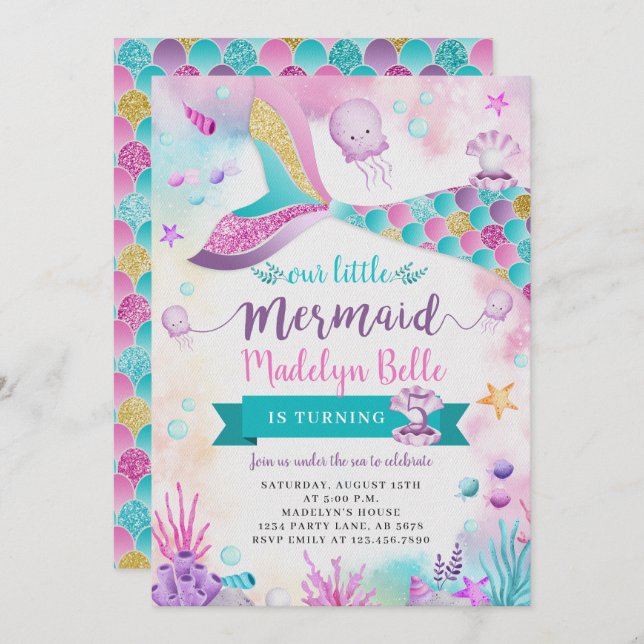 Invitación Bajo el mar, nuestro cumpleaños de sirena (Anverso / Reverso)