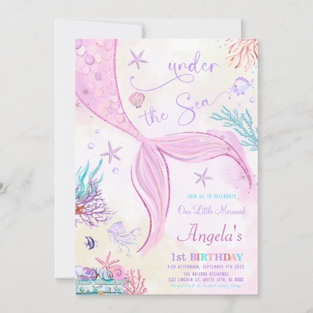 Invitación Bajo el mar, nuestro cumpleaños de sirena (Anverso)