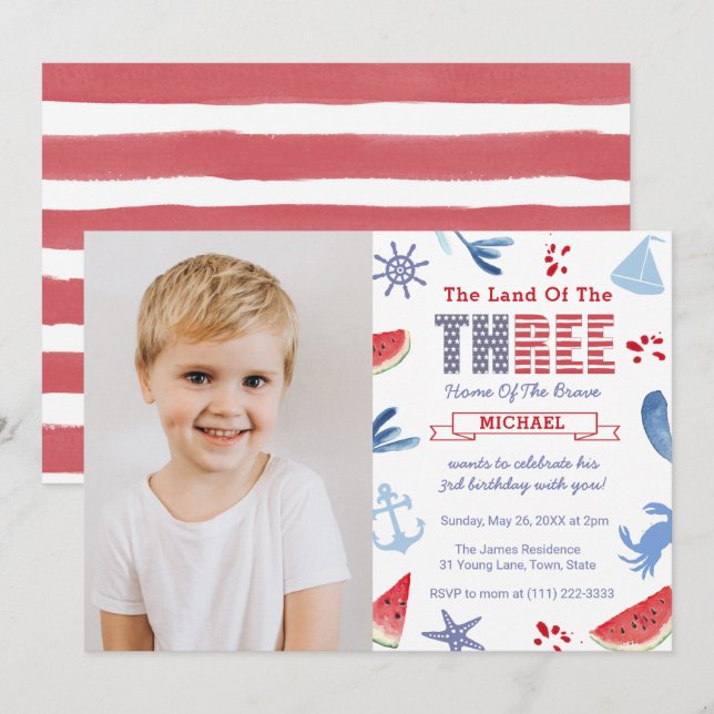 Invitación Bajo el mar o Nautical Foto de Fiesta de tercer cu (Anverso / Reverso)