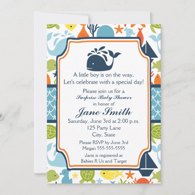 Invitación Bajo el mar, Ocean Animals Baby Shower (Anverso)