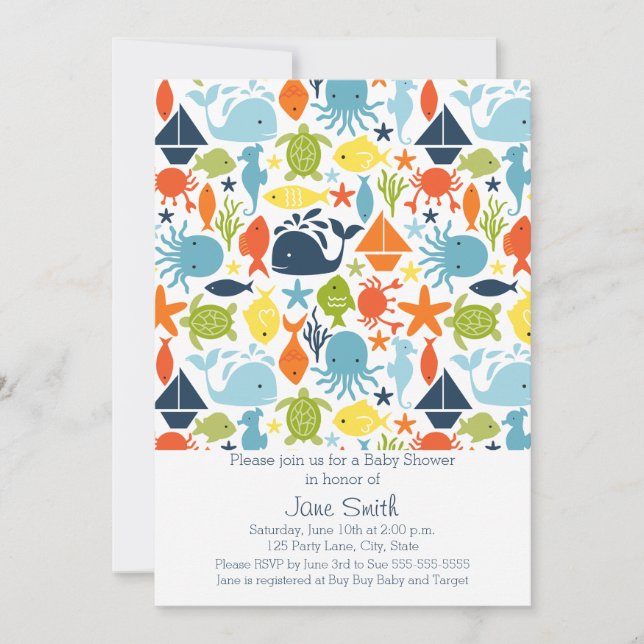 Invitación Bajo el mar, Ocean Creations Baby Shower (Anverso)