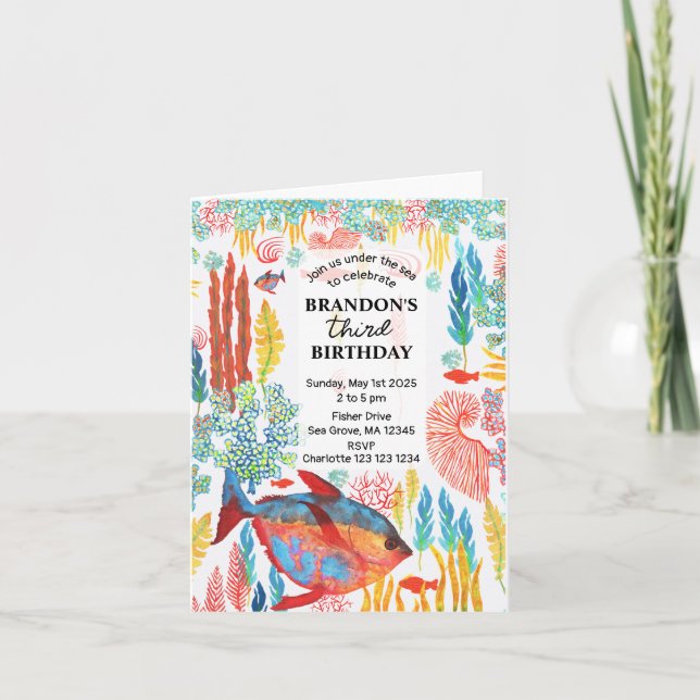 Invitación Bajo el mar Océano Animal acuarela cumpleaños (Anverso)