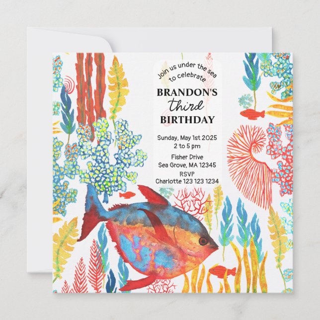 Invitación Bajo el mar Océano Animal acuarela cumpleaños (Anverso)