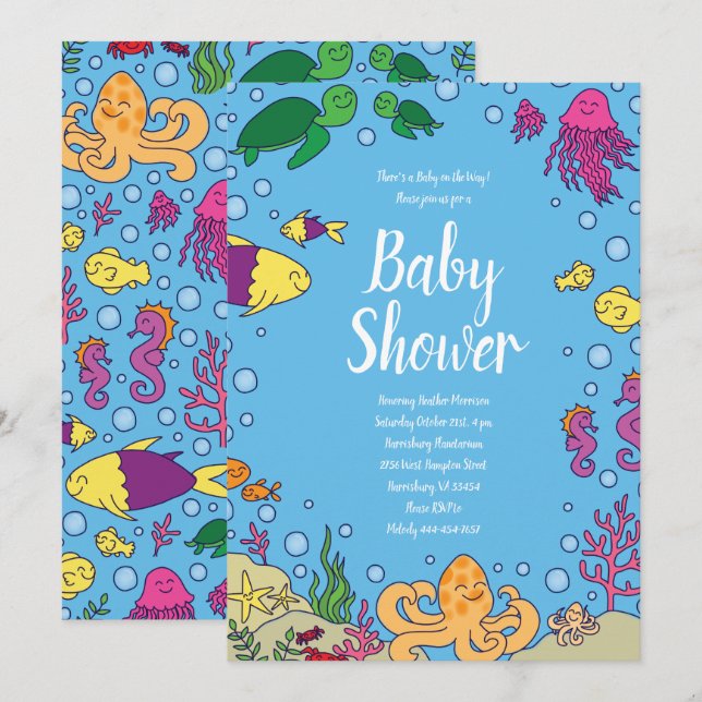 Invitación Bajo el mar Océano de pescado Baby Shower (Anverso / Reverso)