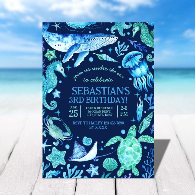 Invitación Bajo el mar Océano marino Animal Dark Blue Birthda (Under The Sea Ocean Sea Animal Dark Blue Birthday Invitation)