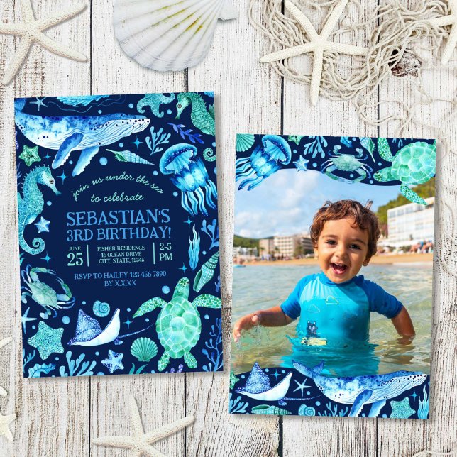 Invitación Bajo el mar Océano marino Animal Dark Blue Photo (Under The Sea Ocean Sea Animal Dark Blue Photo Invitation)