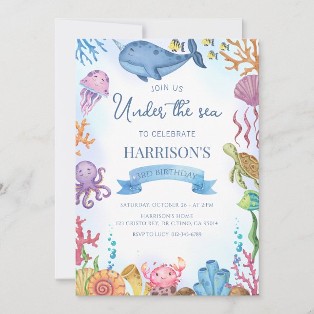 Invitación Bajo el mar Océano marino Animales Cumpleaños (Anverso)
