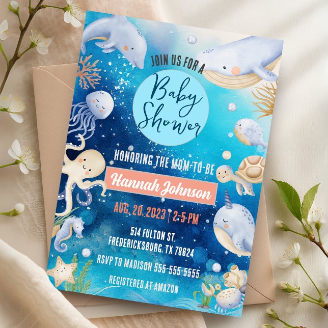 Invitación Bajo el mar Océanos animales Baby Shower de ballen (Under the Sea Ocean Animals Baby Boy Girl Baby Shower Invitation)