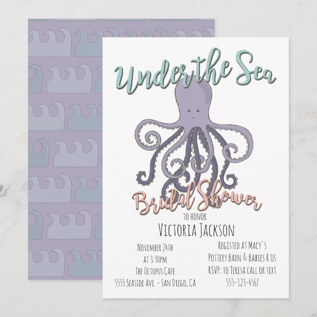 Invitación Bajo el mar Octopus Bridal Shower (Anverso / Reverso)
