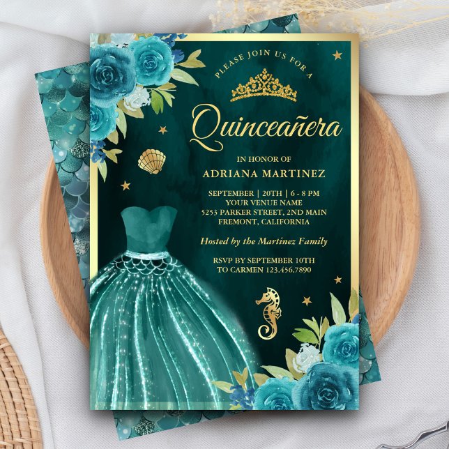 Invitación Bajo el mar Oscuro Sirena Verde azulada Quinceaner (Subido por el creador)