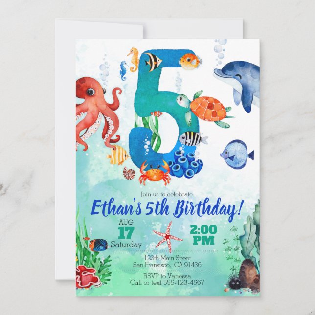 Invitación bajo el mar para quinto cumpleaños (Anverso)