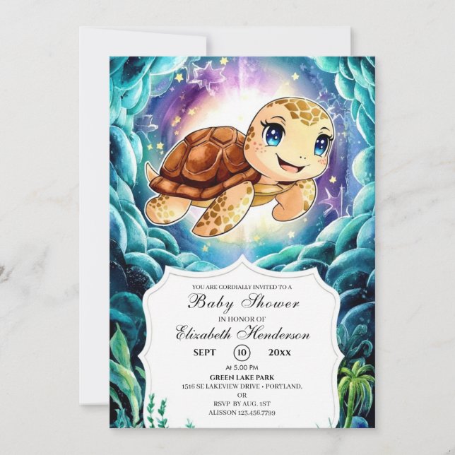 Invitación Bajo el mar Pastel de la tortuga Baby Shower (Anverso)