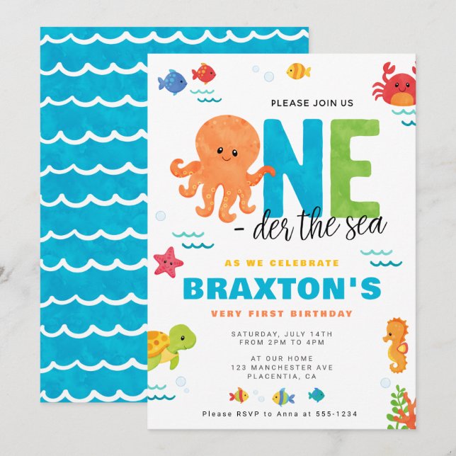 Invitación Bajo el mar Primer cumpleaños ONEDER el mar (Anverso / Reverso)