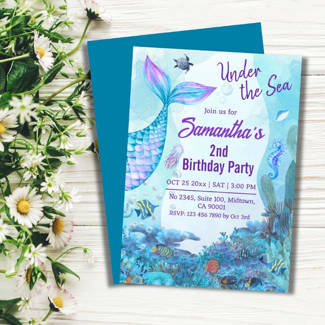 Invitación Bajo el mar, sirena azul y púrpura 2º cumpleaños (Subido por el creador)