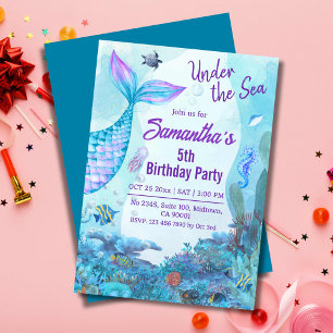 Invitación Bajo el mar, sirena azul y púrpura 5 años