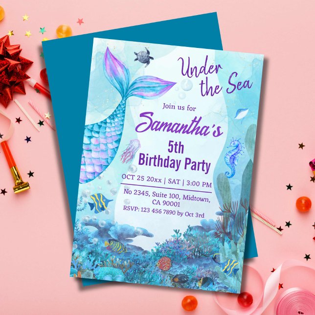 Invitación Bajo el mar, sirena azul y púrpura 5 años (Subido por el creador)