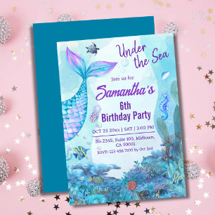 Invitación Bajo el mar, sirena azul y púrpura 6 cumpleaños