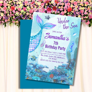 Invitación Bajo el mar, sirena azul y púrpura 7 años