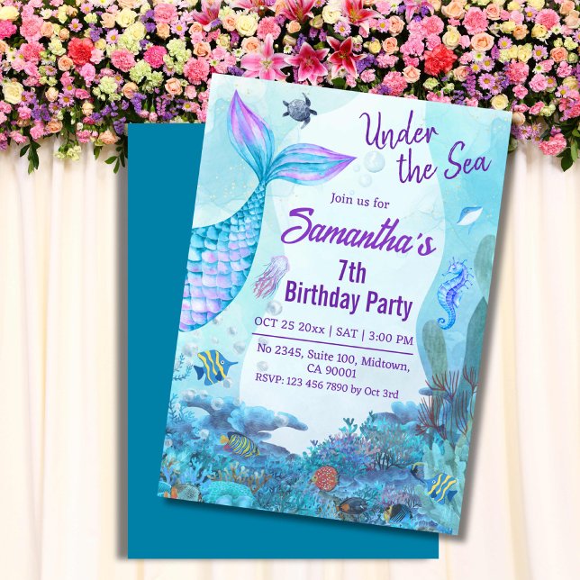 Invitación Bajo el mar, sirena azul y púrpura 7 años (Subido por el creador)