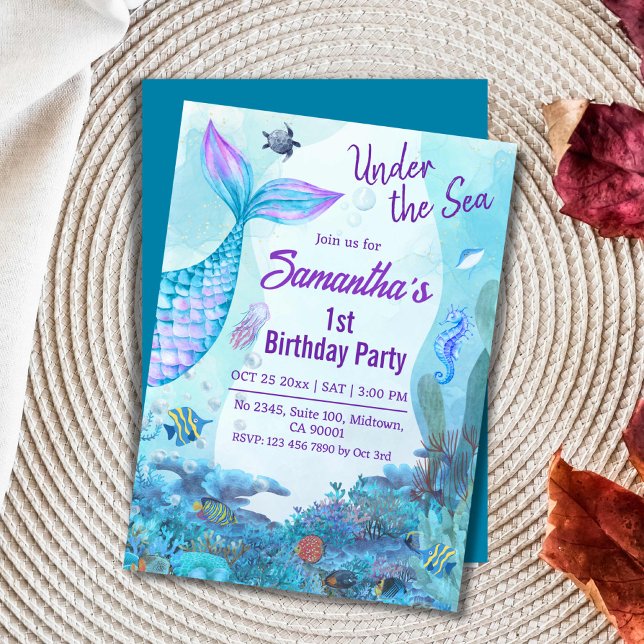 Invitación Bajo el mar, sirena azul y púrpura, primer cumplea (Subido por el creador)