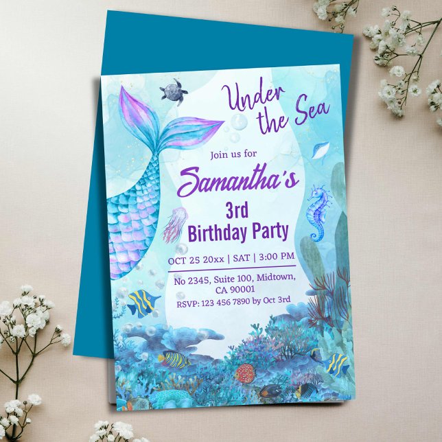 Invitación Bajo el mar, sirena azul y púrpura, tercer cumplea (Subido por el creador)