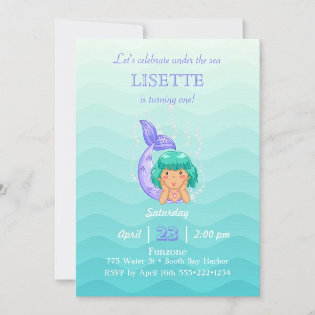 Invitación Bajo el Mar Sirena Burbujas Niña (Anverso)