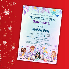 Invitación Bajo el mar sirena lindos niños azul 8 cumpleaños