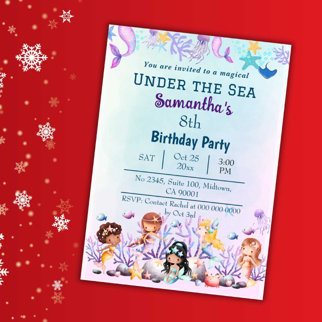 Invitación Bajo el mar sirena lindos niños azul 8 cumpleaños (Subido por el creador)