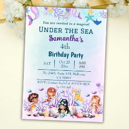 Invitación Bajo el mar sirena lindos niños azul cuarto cumple