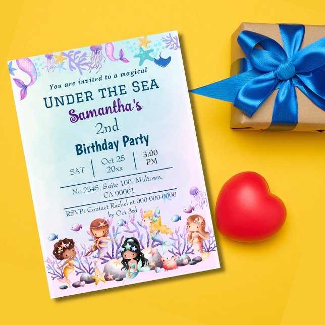 Invitación Bajo el mar sirena niños lindos azul 2º cumpleaños (Subido por el creador)
