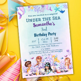 Invitación Bajo el mar sirena niños lindos azul 3 cumpleaños