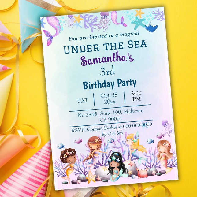Invitación Bajo el mar sirena niños lindos azul 3 cumpleaños (Subido por el creador)
