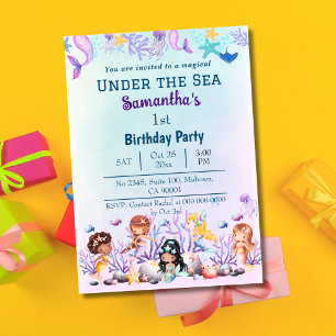 Invitación Bajo el mar sirena niños lindos azul primer cumple