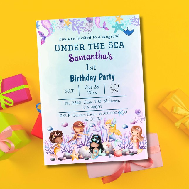 Invitación Bajo el mar sirena niños lindos azul primer cumple (Subido por el creador)