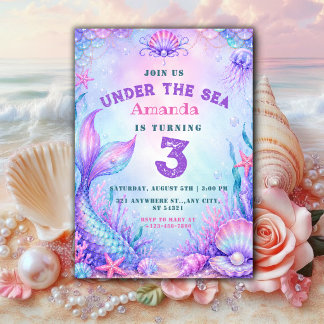 Invitación Bajo el Mar | Sirena pastel Cumpleaños 3 años niña