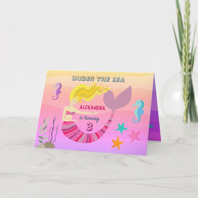 Invitación Bajo el mar, Sirenita Púrpura Rosa de Tercer Cumpl (Anverso)