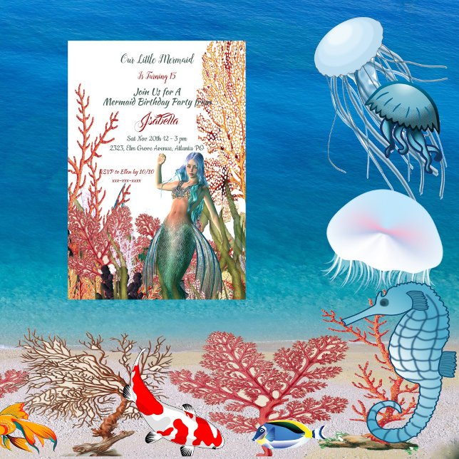 Invitación Bajo el Mar Sirenita Tropical Coral Reef Cumpleaño (Under The Sea Mermaid Tropical Coral Reef Birthday Invitation)