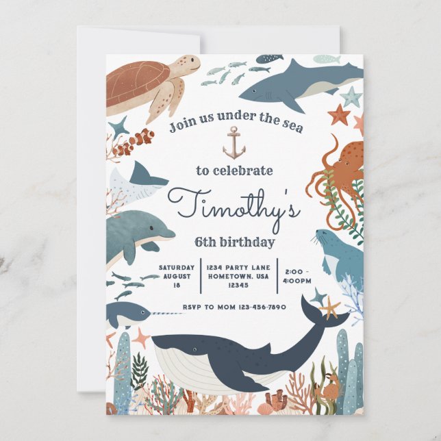 Invitación Bajo el mar Tiburón Tortuga de ballena cumpleaños  (Anverso)