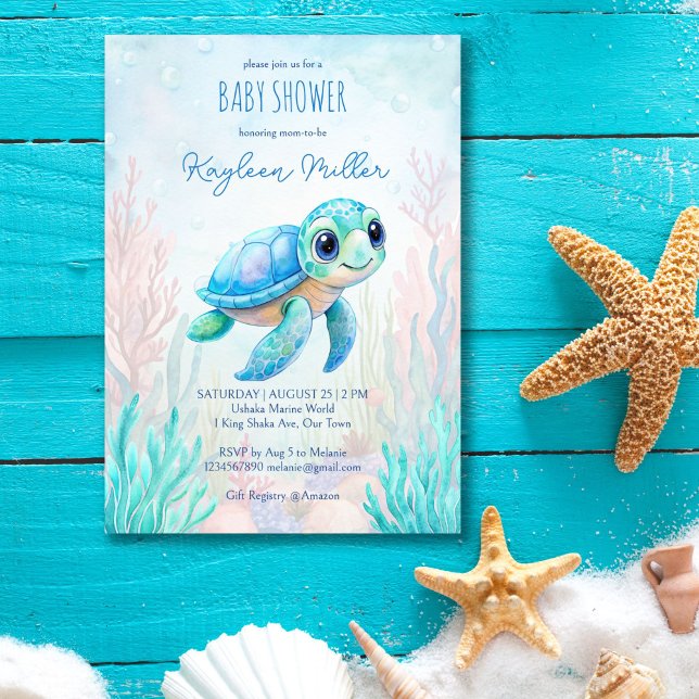 Invitación Bajo el mar, una bella tortuga acua ducha de bebé  (Under the sea cute baby sea turtle aqua blue boy baby shower invitation editable template digital)