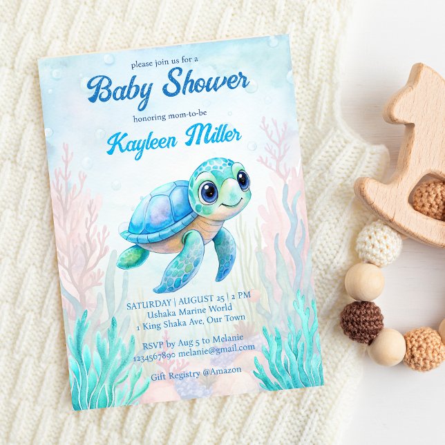 Invitación Bajo el mar, una bella tortuga acua ducha de bebé  (Under the sea cute turtle aqua blue baby shower invitation editable template instant download)