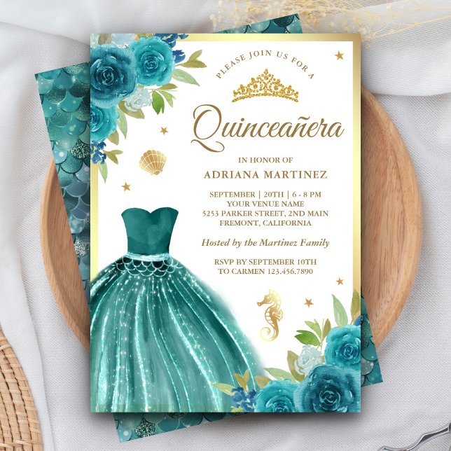 Invitación Bajo el mar Verde azulado Vestido Sirena Oro Quinc (Subido por el creador)