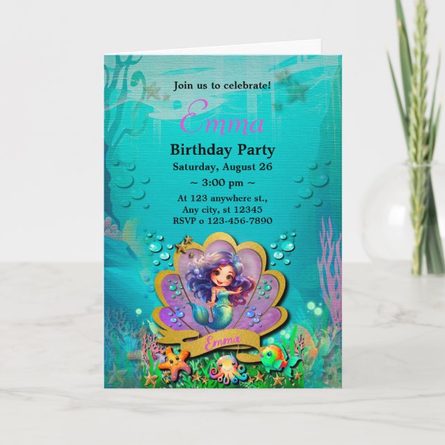 Invitación Bajo el mar y la sirena Fiesta Chica de cumpleaños (Anverso)