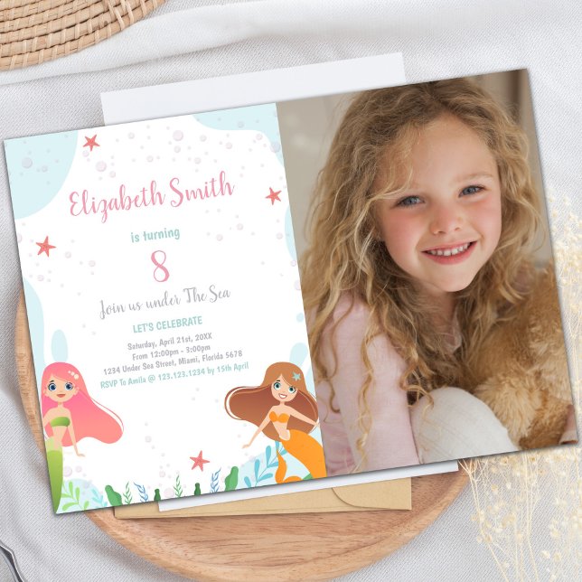 Invitación Bajo el tema del Fiesta marino para Chicas (8th Mermaid Birthday Invitations with photo)