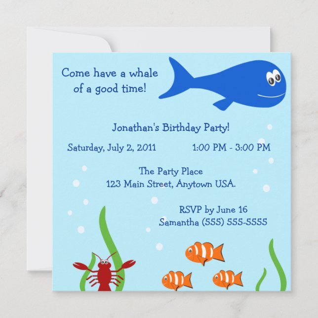 Invitación Bajo fiesta del cumpleaños de los niños del mar (Anverso)