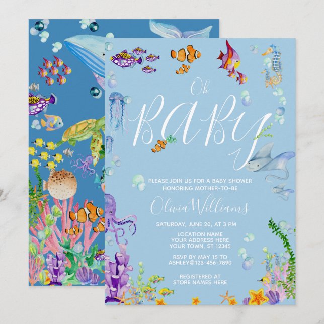 Invitación Bajo la acuarela del mar Oh Baby Shower (Anverso / Reverso)