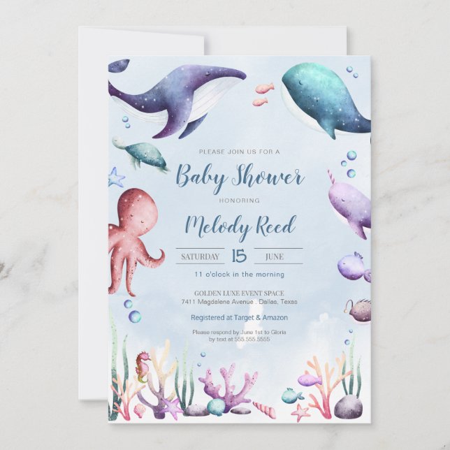 Invitación Bajo la acuarela marina Ocean Animals Baby Shower (Anverso)